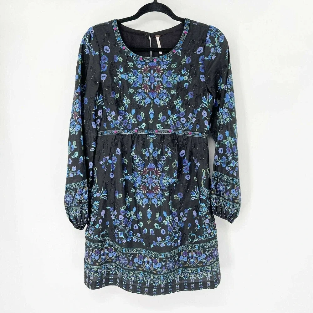 Free People Sequin‎ Matroyshka Russian Doll Dress Size 2 Black Foral Long Sleeve